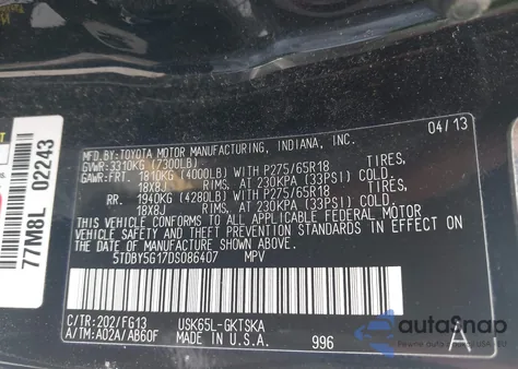 2013 Toyota Sequoia Sr5 5.7L V8 from USA, damaged, VIN 5TDBY5G17DS086407